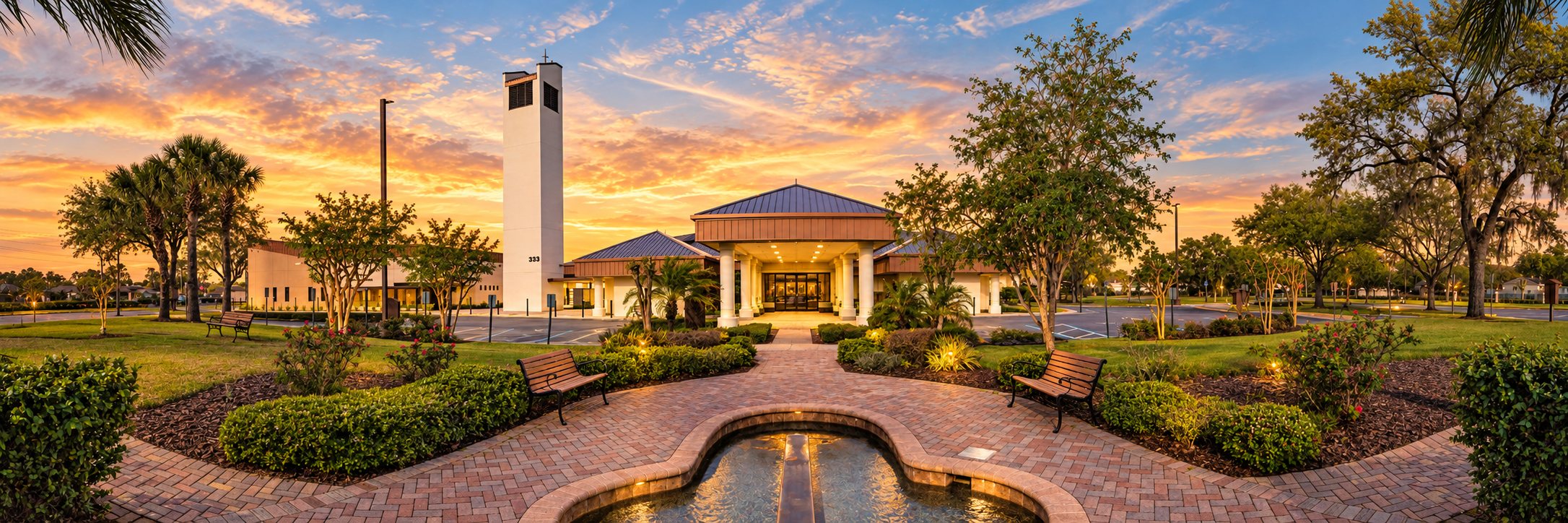 Resurrection campus at sunset: bell tower, entrance and fountain walk